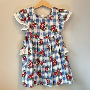 Vintage Girl’s Blue Gingham + Berries Ruffle Dress Size 5